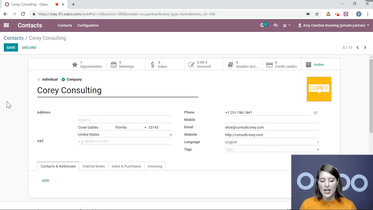 Contact form basic information fields including address, VAT, email
