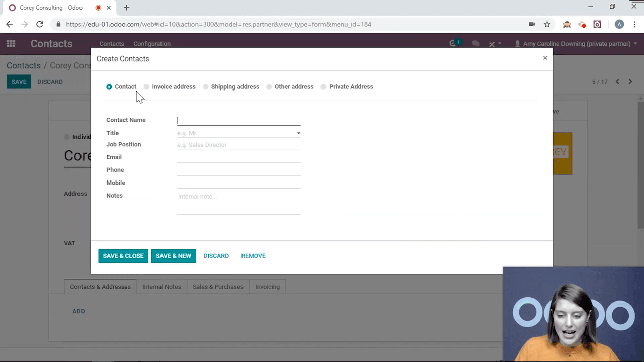Contacts and Addresses tab showing address type options