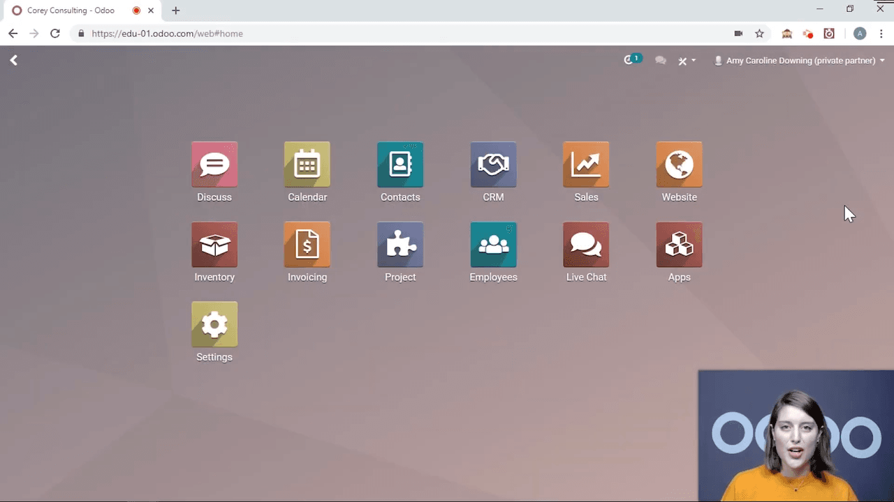 Odoo Contacts app main view showing contact cards
