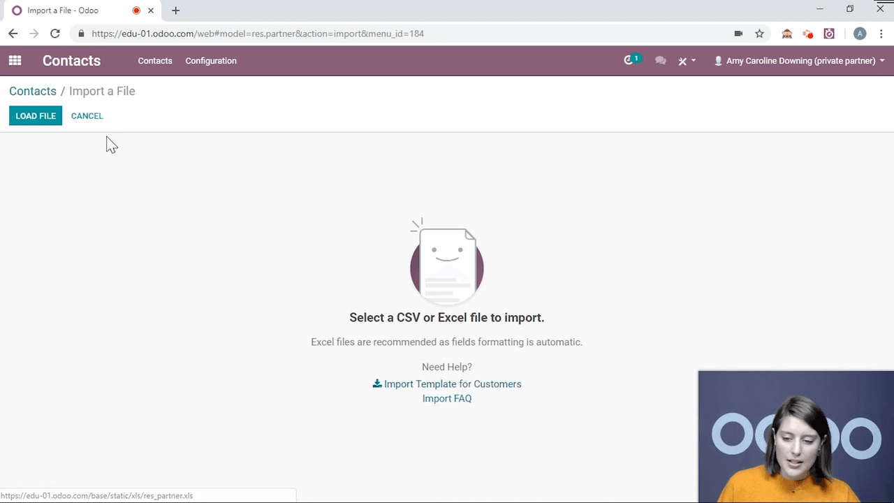 Import screen with Load File button and field mapping interface