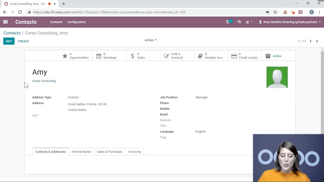 Individual contact Amy linked to Corey Consulting with company name visible