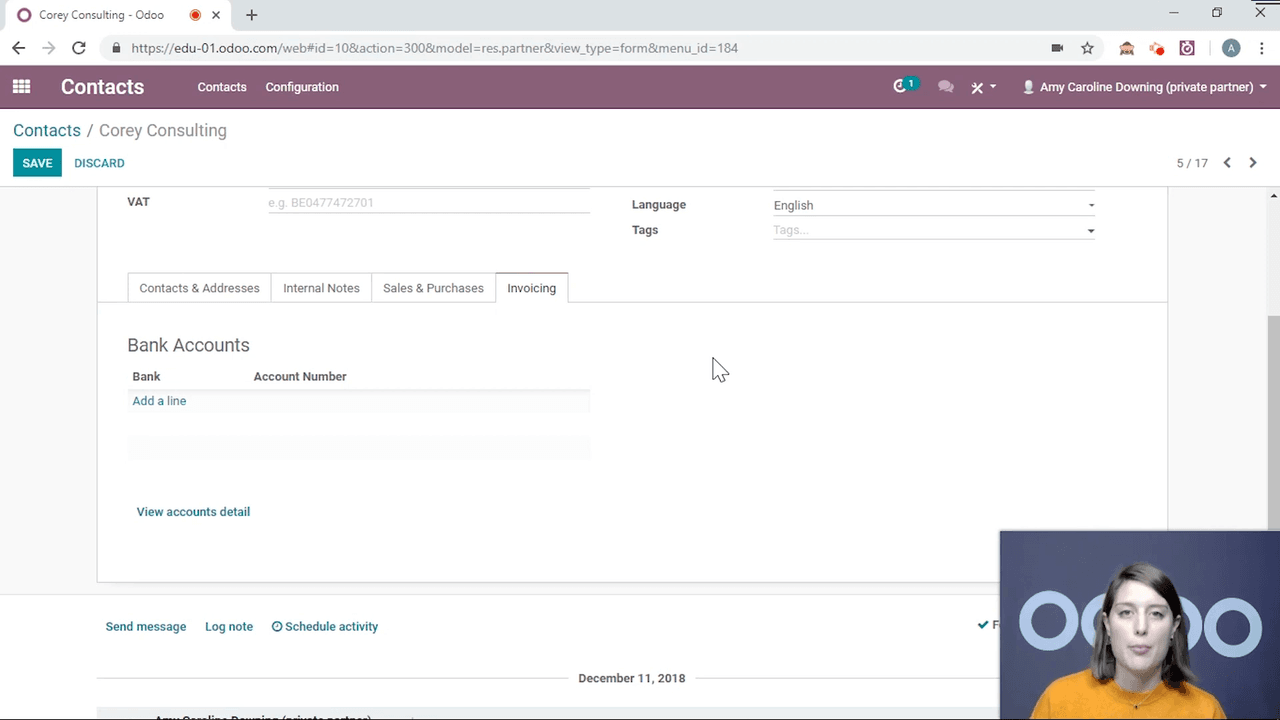 Invoicing tab showing bank account details