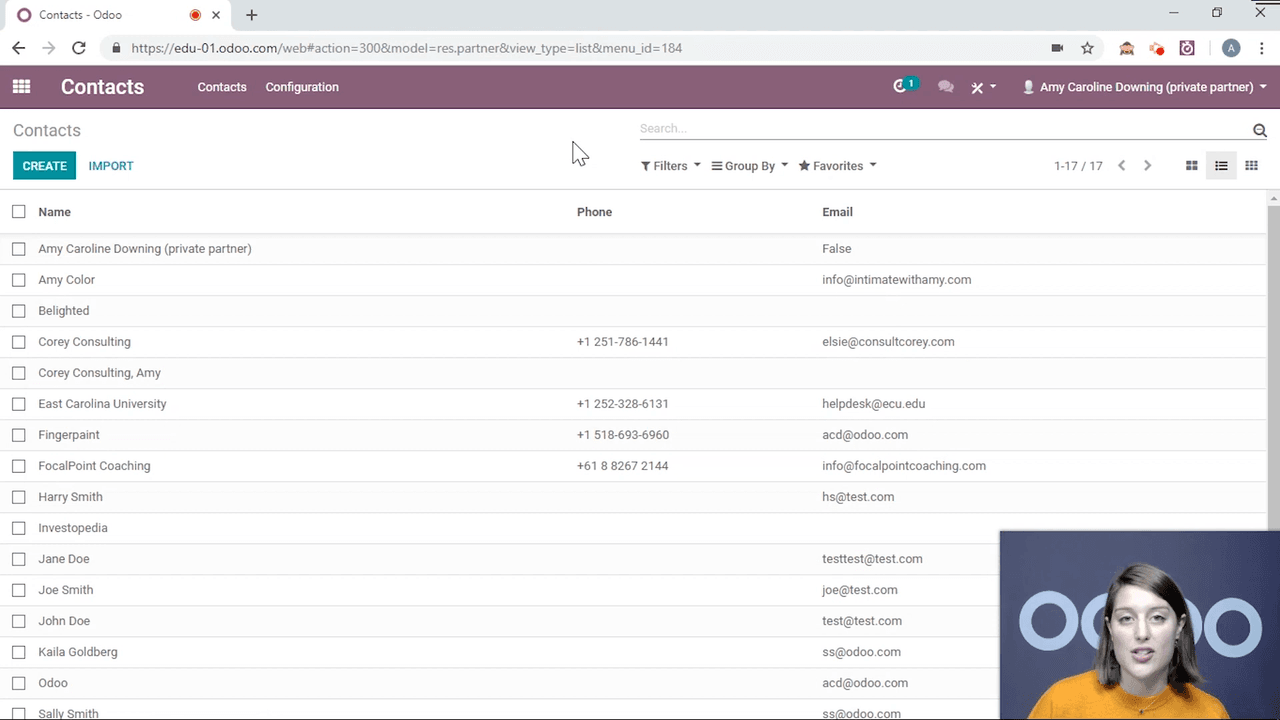List view with multiple contacts selected and Action menu open