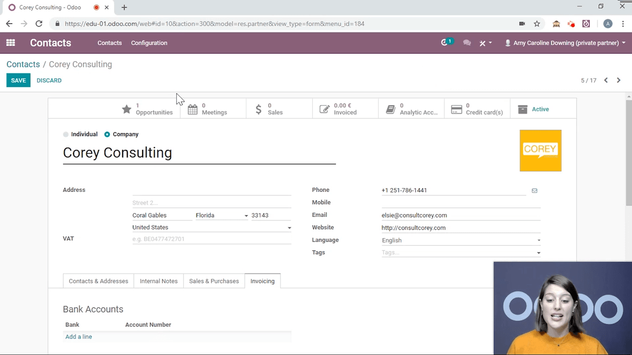 Smart buttons at top of contact form showing CRM, meetings, sales, invoices