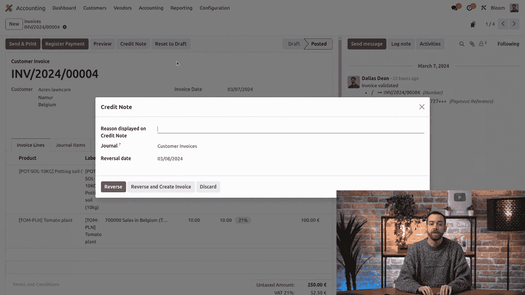 Credit note dialog with reason, journal, and reversal date fields