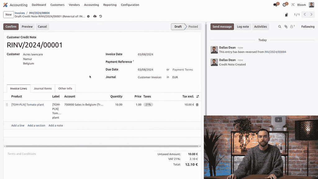 Credit note with only the damaged item remaining