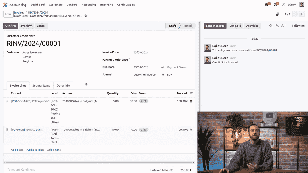 Draft credit note with all invoice lines