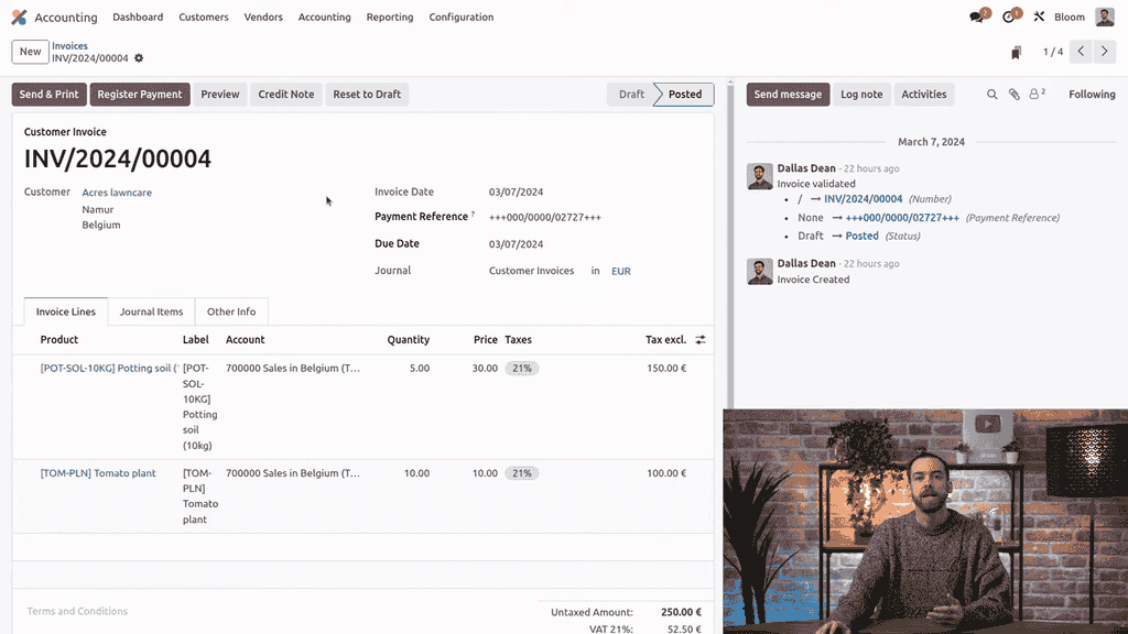 Posted invoice showing unpaid status