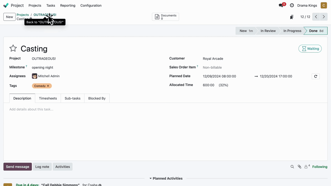工時追蹤介面,顯示任務上的已記錄工時