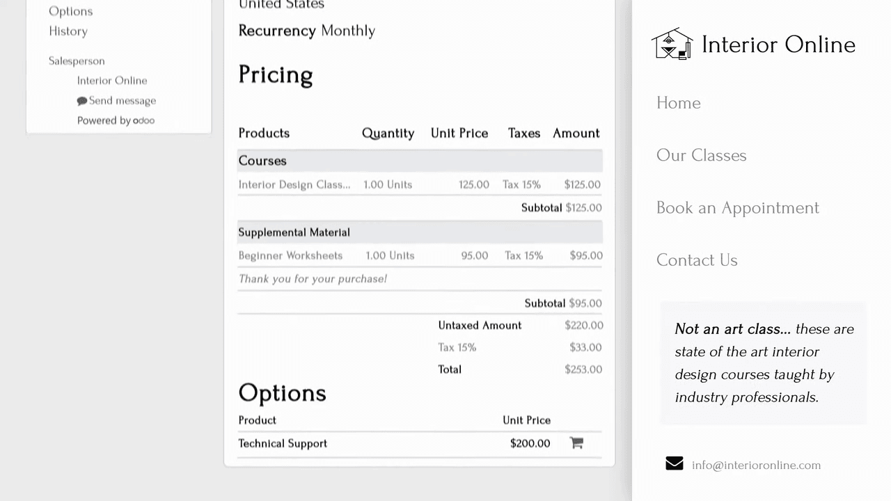 客戶入口網站顯示報價單,包含可選產品和付款選項