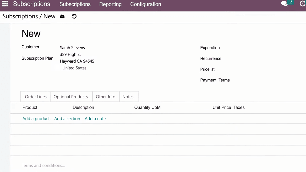 新訂閱報價單表單,包含客戶和訂單明細