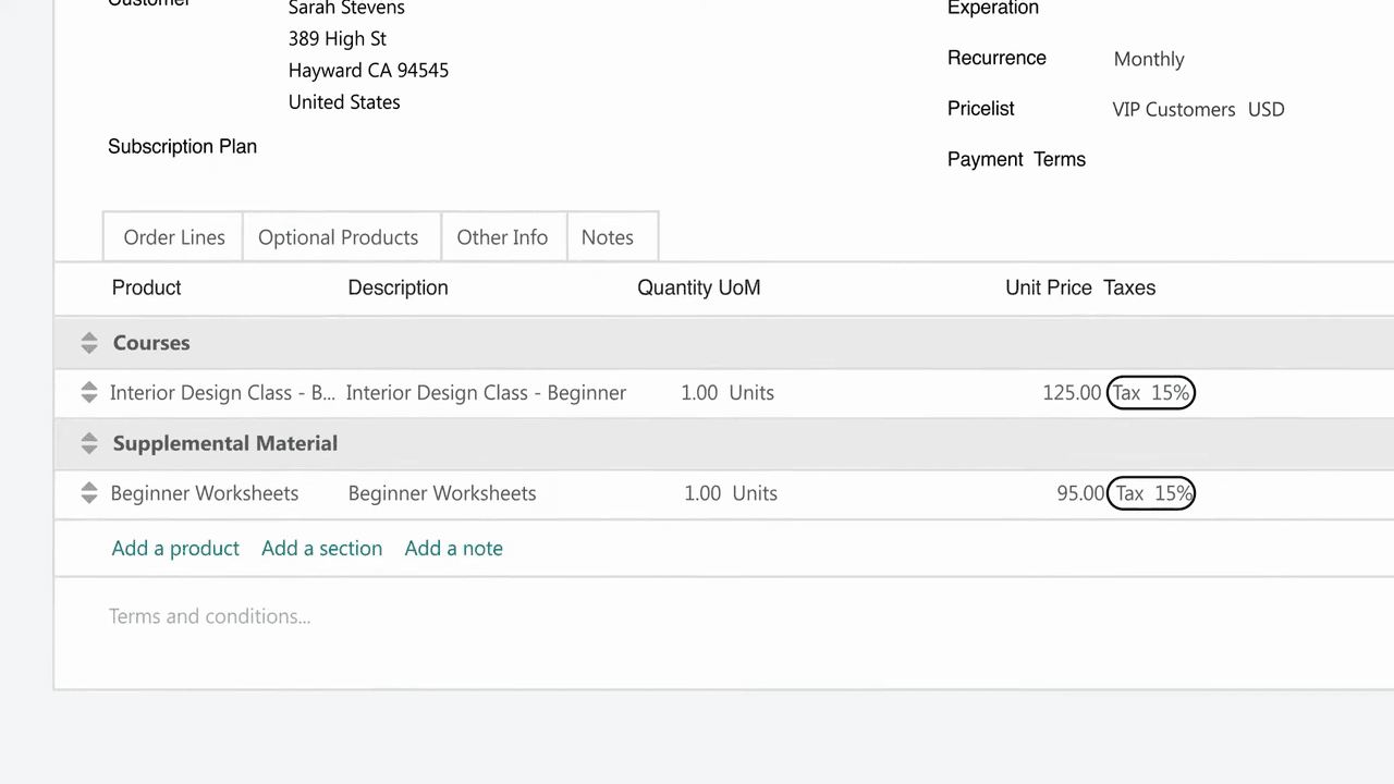 包含區段、備註和可選產品的報價單