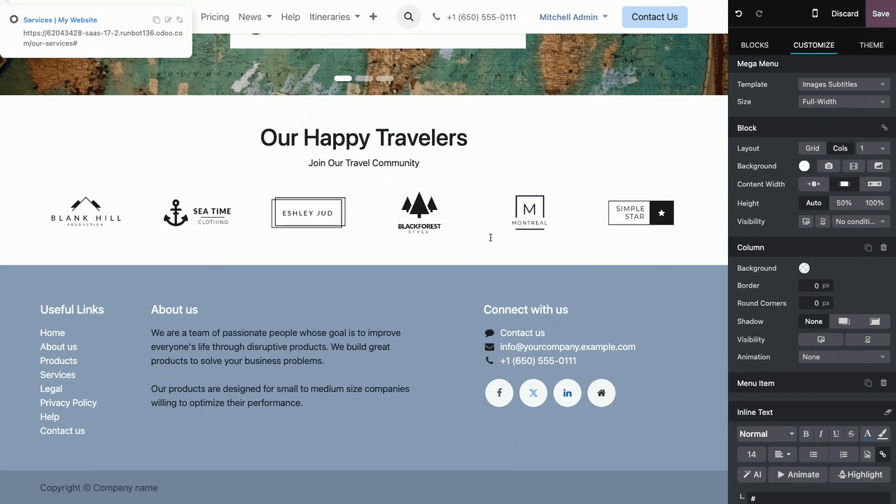 頁尾區段與範本選項及社群媒體圖示