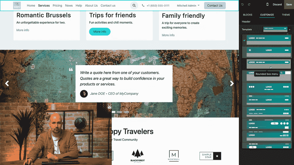 編輯模式下的頂部選單範本選擇