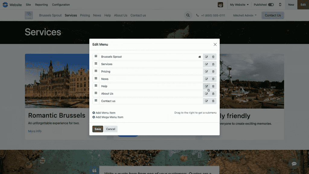 選單編輯器以列表方式顯示所有選單項目