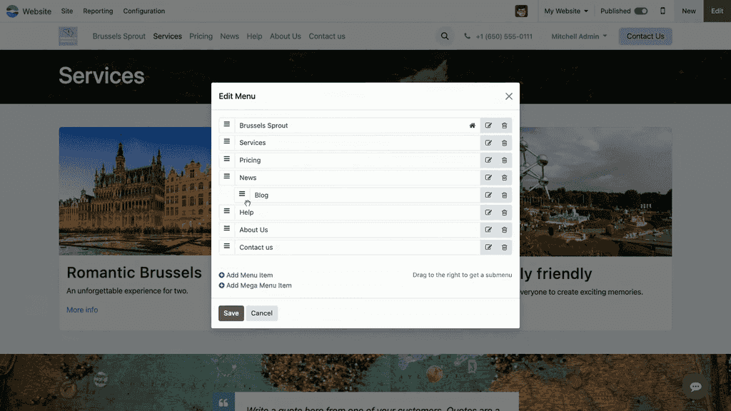 將項目向右縮排至父項目下方以建立子選單
