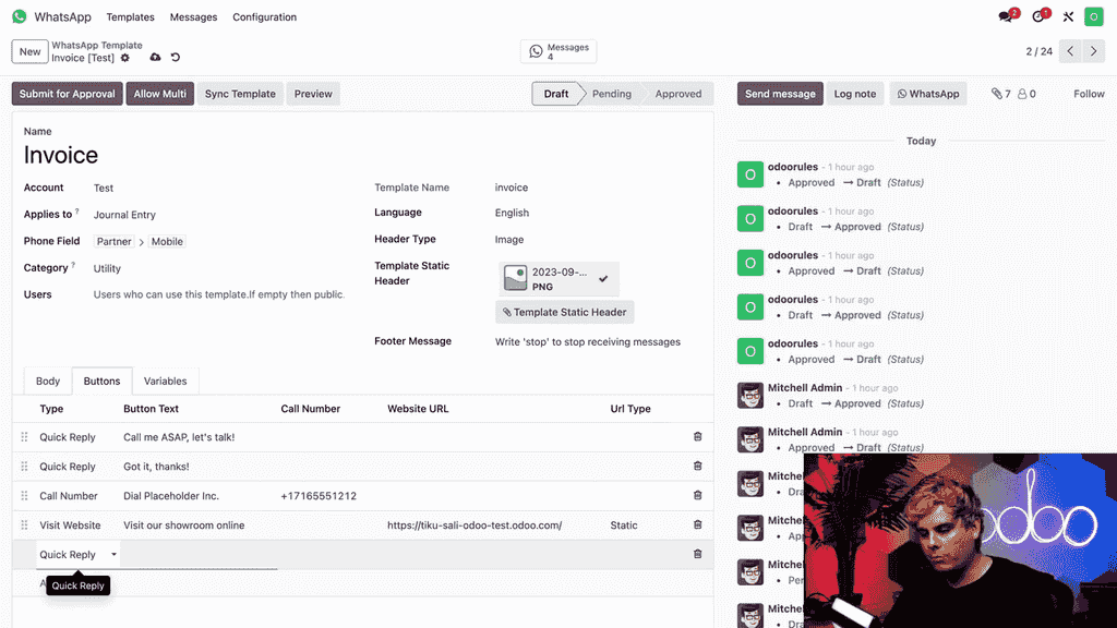Buttons 標籤頁顯示 Quick Reply、Call Number 和 Visit Website 選項