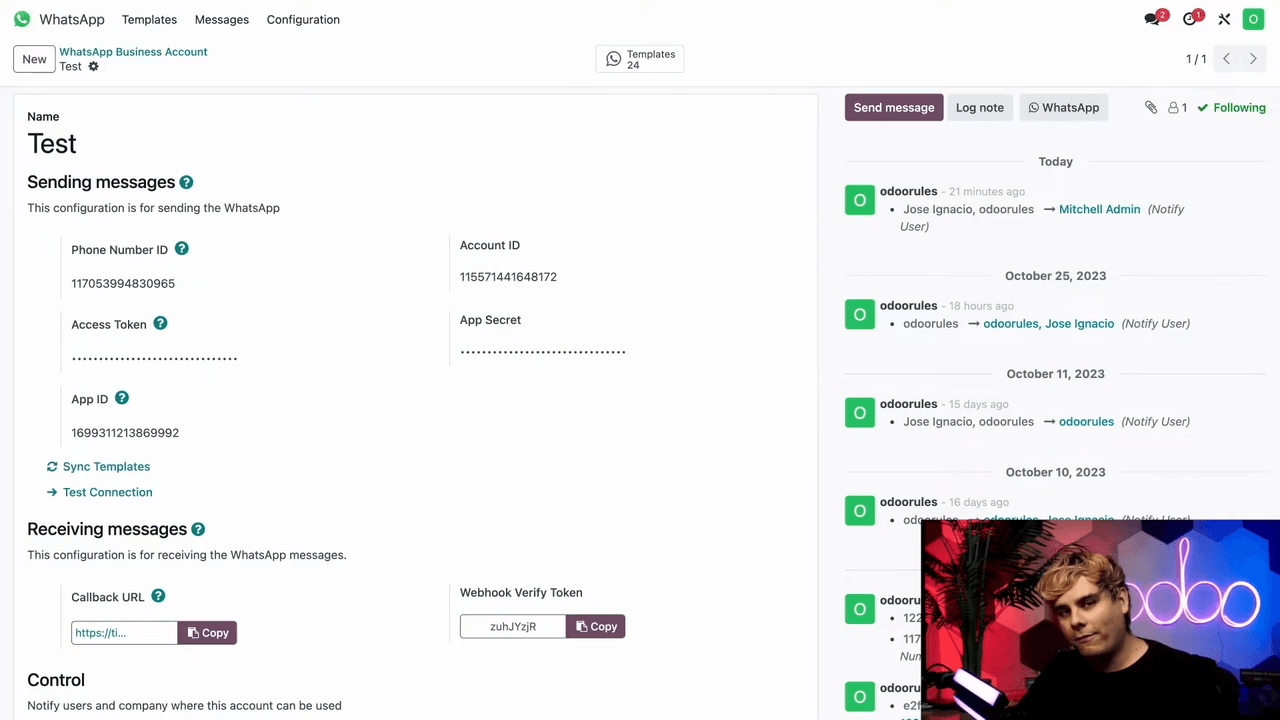 WhatsApp 配置面板顯示 Sending Messages 下的五個必填欄位