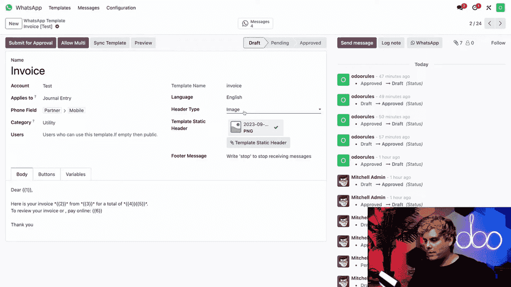 範本表單上的 Header Type 選項和 Footer 文字欄位