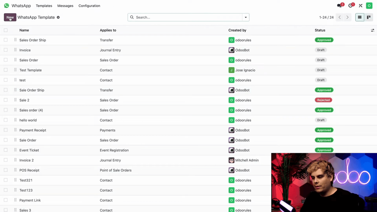 Templates 選單顯示現有 WhatsApp 範本列表
