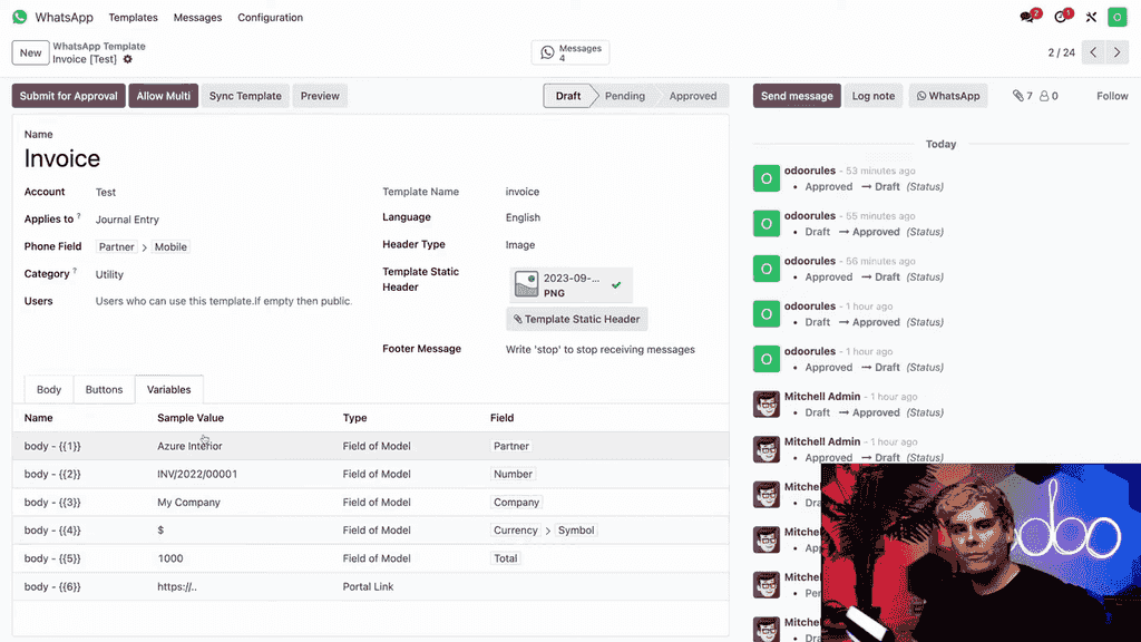 Variables 標籤頁顯示佔位符名稱、類型和欄位參考