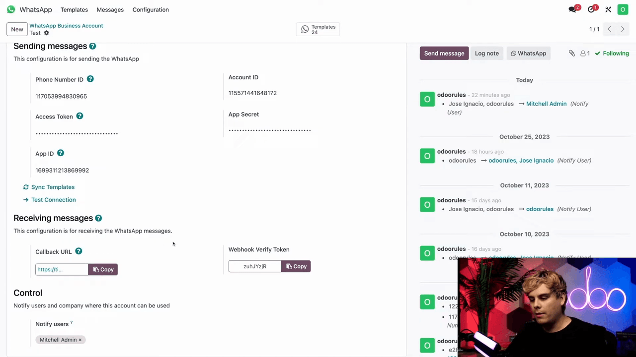 成功連接後自動填入的 Callback URL 和 Webhook Verify Token 欄位