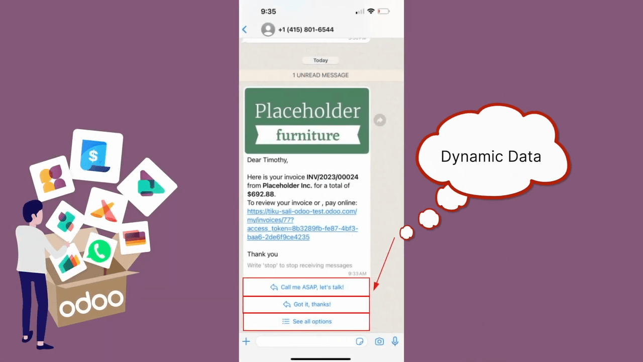WhatsApp 訊息預覽顯示訊息下方的快速回覆按鈕